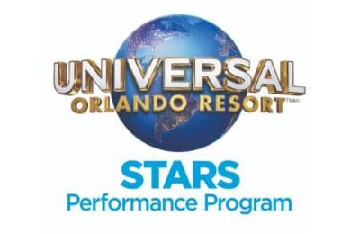 logo featuring a globe with land and ocean, overlaid with "universal orlando resort." below, "stars performance program" is written, all in a blue and gold color scheme.