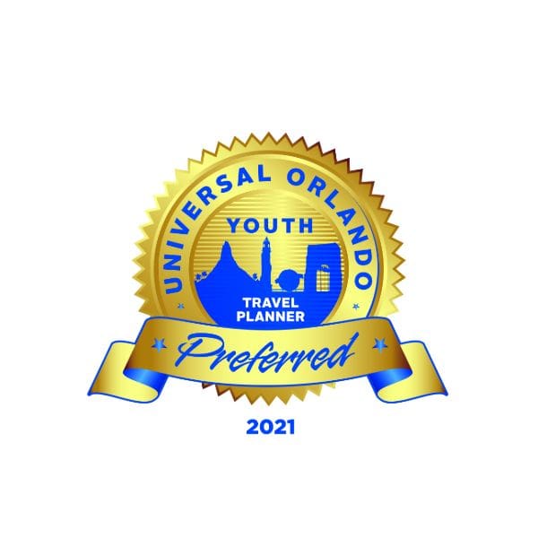 a gold circular seal with "universal orlando youth travel planner preferred" in blue text surrounds an illustration of a globe, buildings, and mountains. a blue and gold ribbon at the bottom reads "2021.