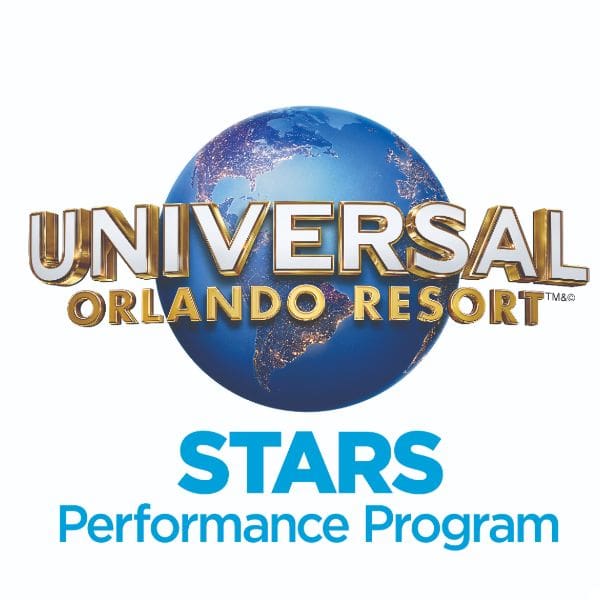 logo featuring a globe with illuminated cities and gold text reading "universal orlando resort." below, blue text reads "stars performance program.