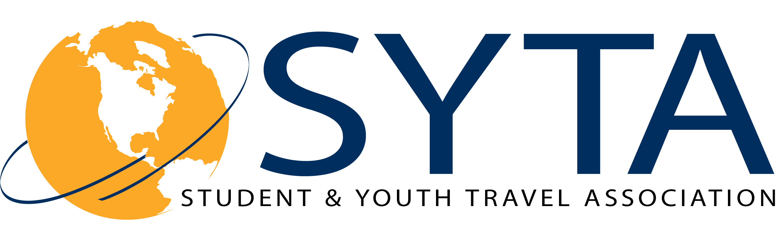 logo featuring a stylized globe with north america in orange on the left and the acronym "syta" in bold blue letters on the right. a swooping blue line encircles part of the globe.